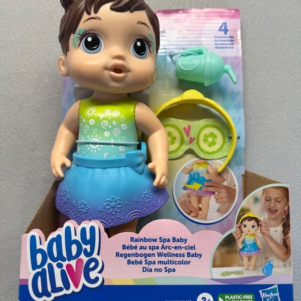 Baby Alive Rainbow Spa Baby Doll with Brown Hair and 4 Accessories
