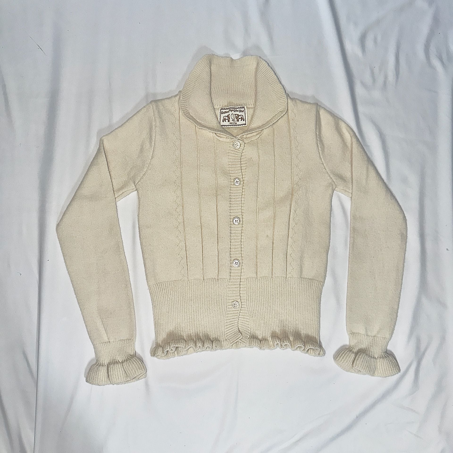 Shetland Virgin Wool Knit Button-Up Cardigan Sweater Cream White Ruffle Cuffs 2