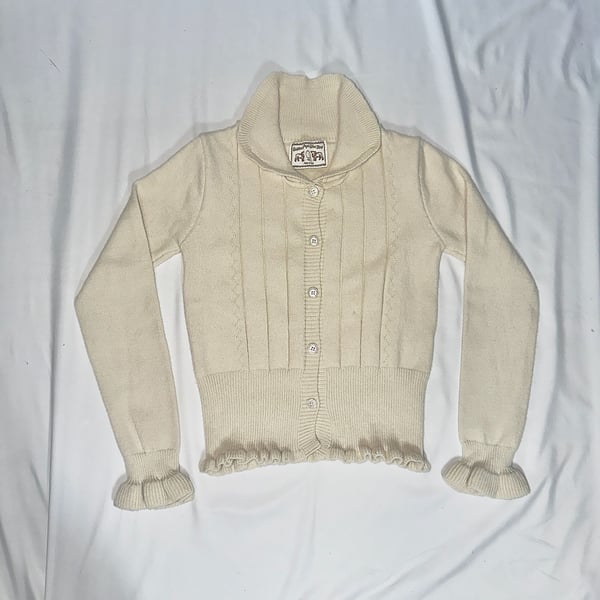 Shetland Virgin Wool Knit Button-Up Cardigan Sweater Cream White Ruffle Cuffs