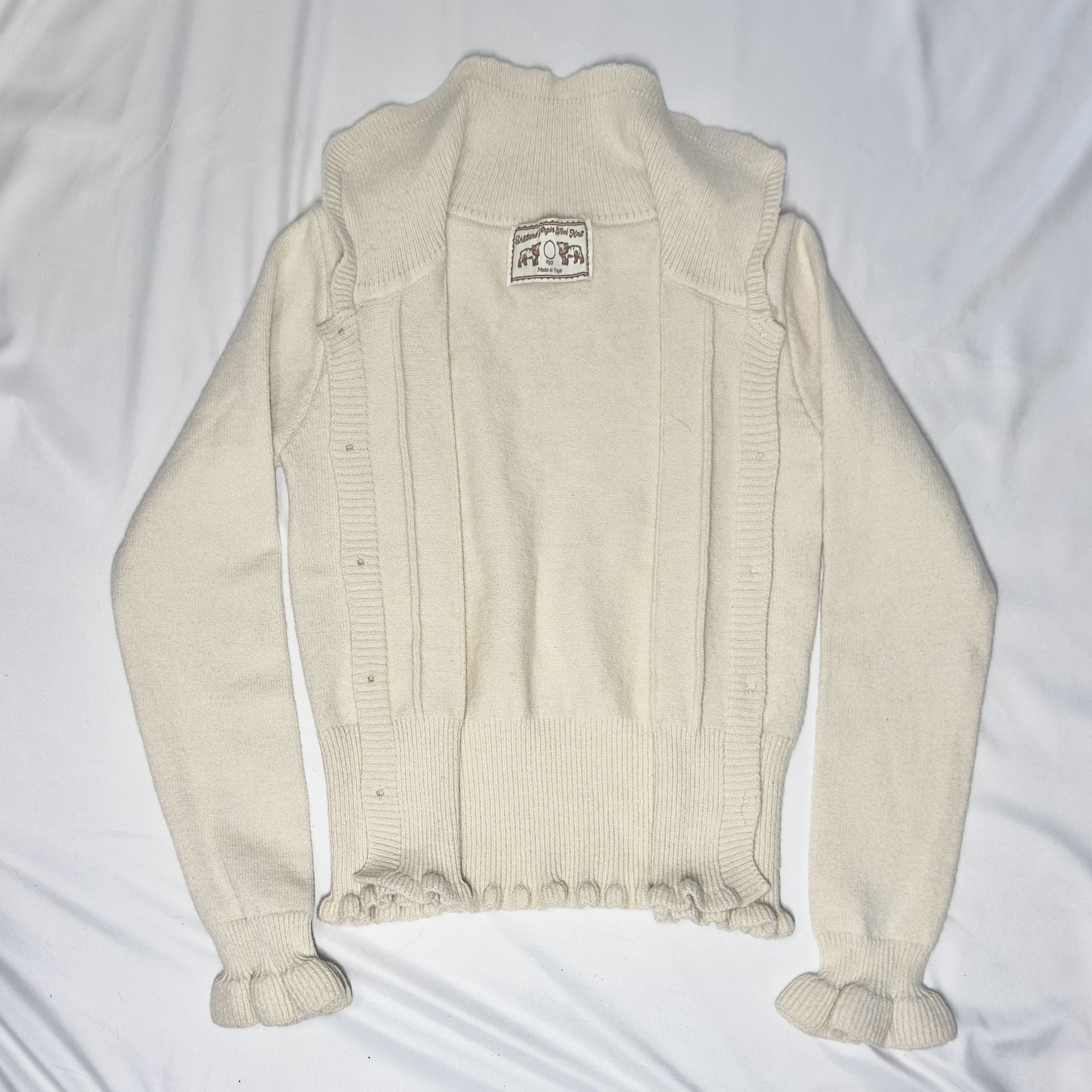 Shetland Virgin Wool Knit Button-Up Cardigan Sweater Cream White Ruffle Cuffs 4