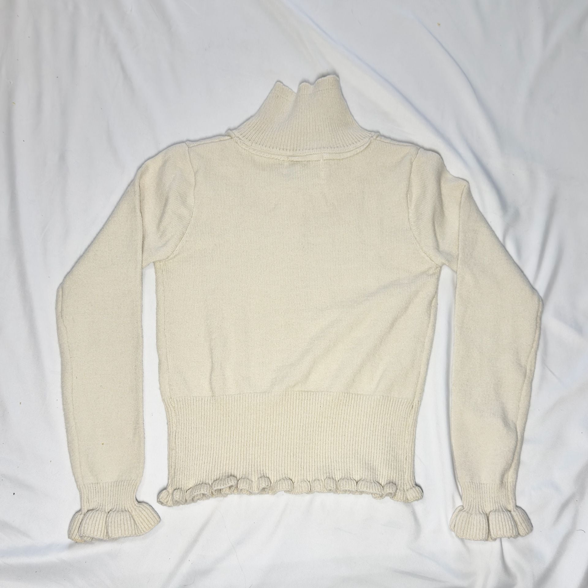 Shetland Virgin Wool Knit Button-Up Cardigan Sweater Cream White Ruffle Cuffs 5