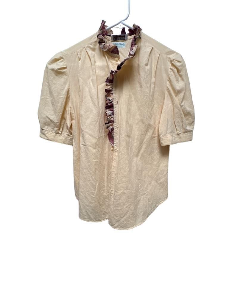 Mills-Touche Vintage Yellow Ruffled Plaid Collar Short Sleeve 100% Cotton 12 2