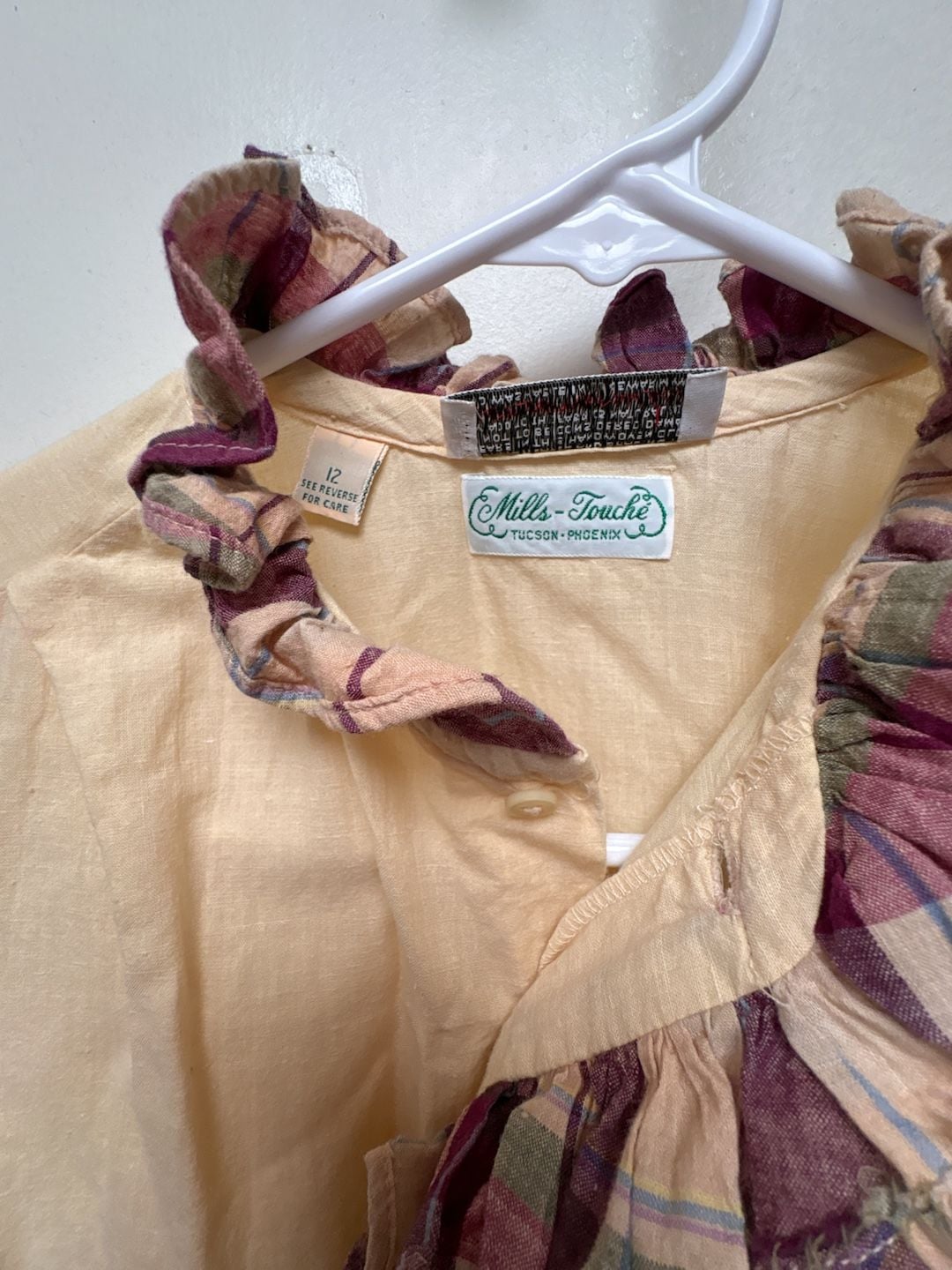 Mills-Touche Vintage Yellow Ruffled Plaid Collar Short Sleeve 100% Cotton 12 3