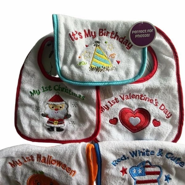Lot of 5 Holiday and Milestone Baby Bibs My 1st Christmas Halloween Birthday Valentine's Day