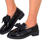Rokment Womens Bowknot Oxfords Dress Shoes Spring Fall Vintage Casual Leather Platform Chunky Lug Mid Heels Slip on Boat Loafers Walking Footwear Black Size 7 - .com, 2