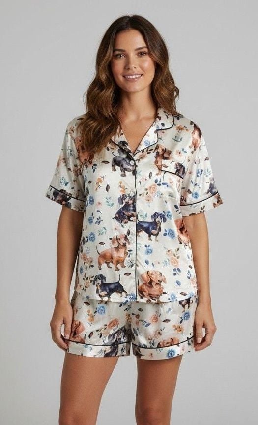 Women's 2-Piece Dachshund Dog & Floral Print Short Sleeve Pajama Set Size 2XL 1