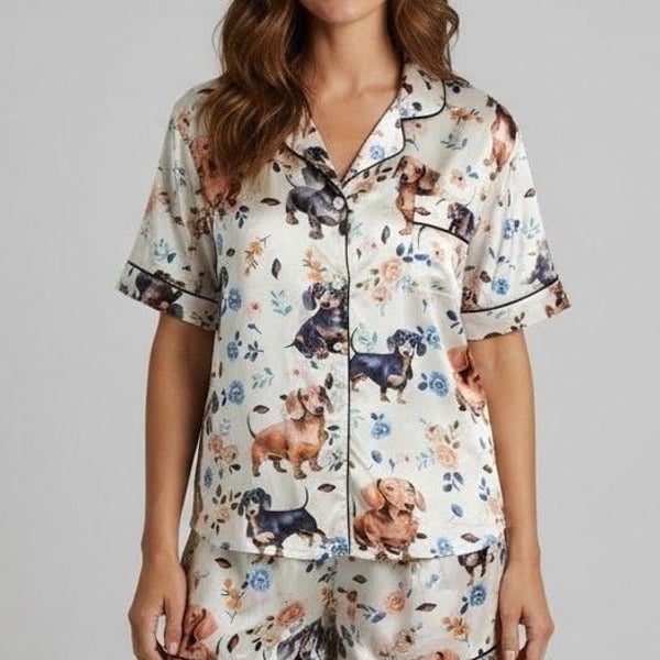 Women's 2-Piece Dachshund Dog & Floral Print Short Sleeve Pajama Set Size 2XL