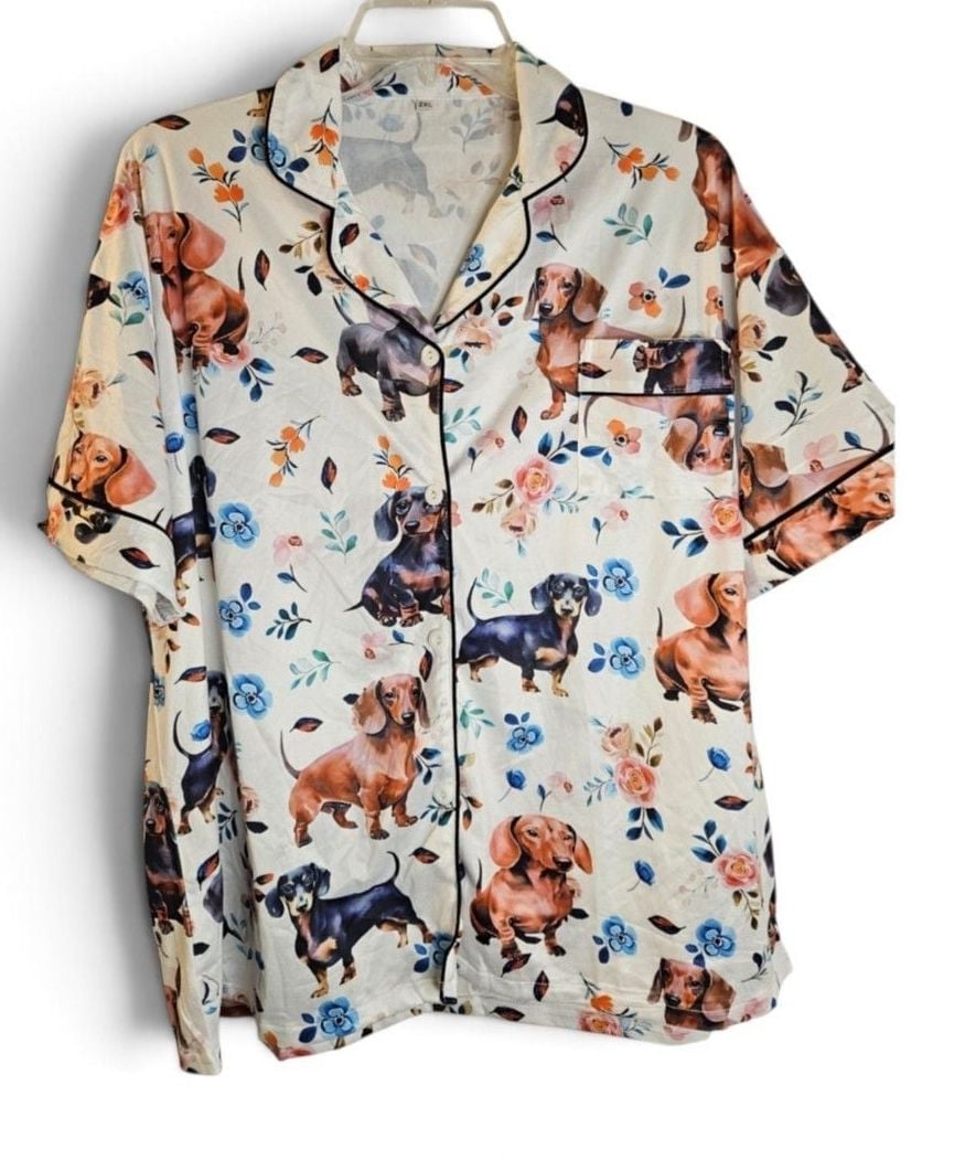 Women's 2-Piece Dachshund Dog & Floral Print Short Sleeve Pajama Set Size 2XL 2