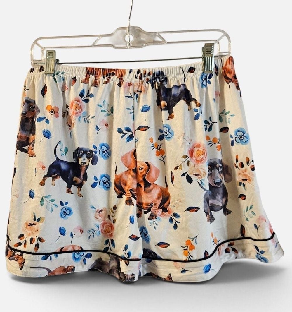 Women's 2-Piece Dachshund Dog & Floral Print Short Sleeve Pajama Set Size 2XL 3