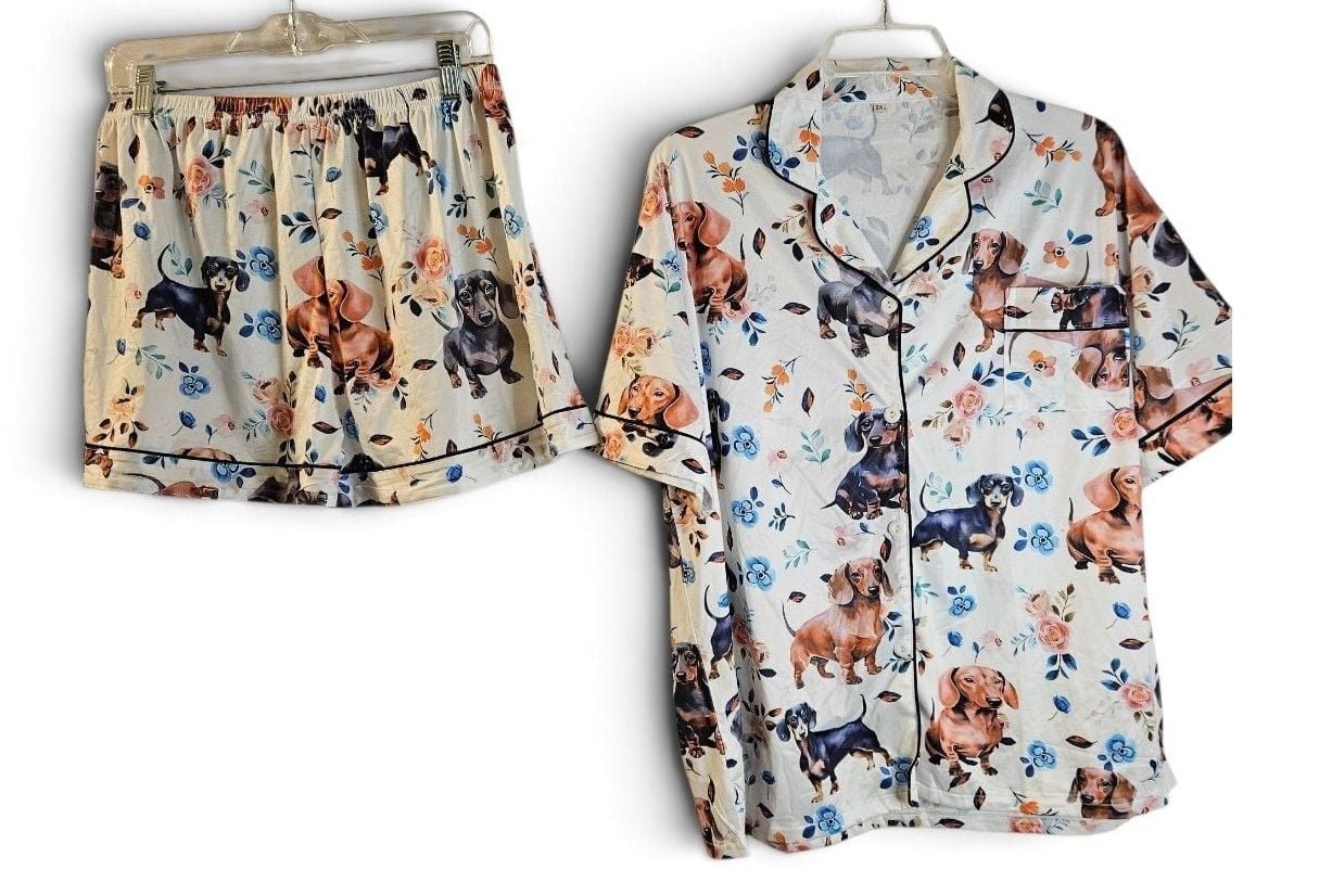 Women's 2-Piece Dachshund Dog & Floral Print Short Sleeve Pajama Set Size 2XL 4