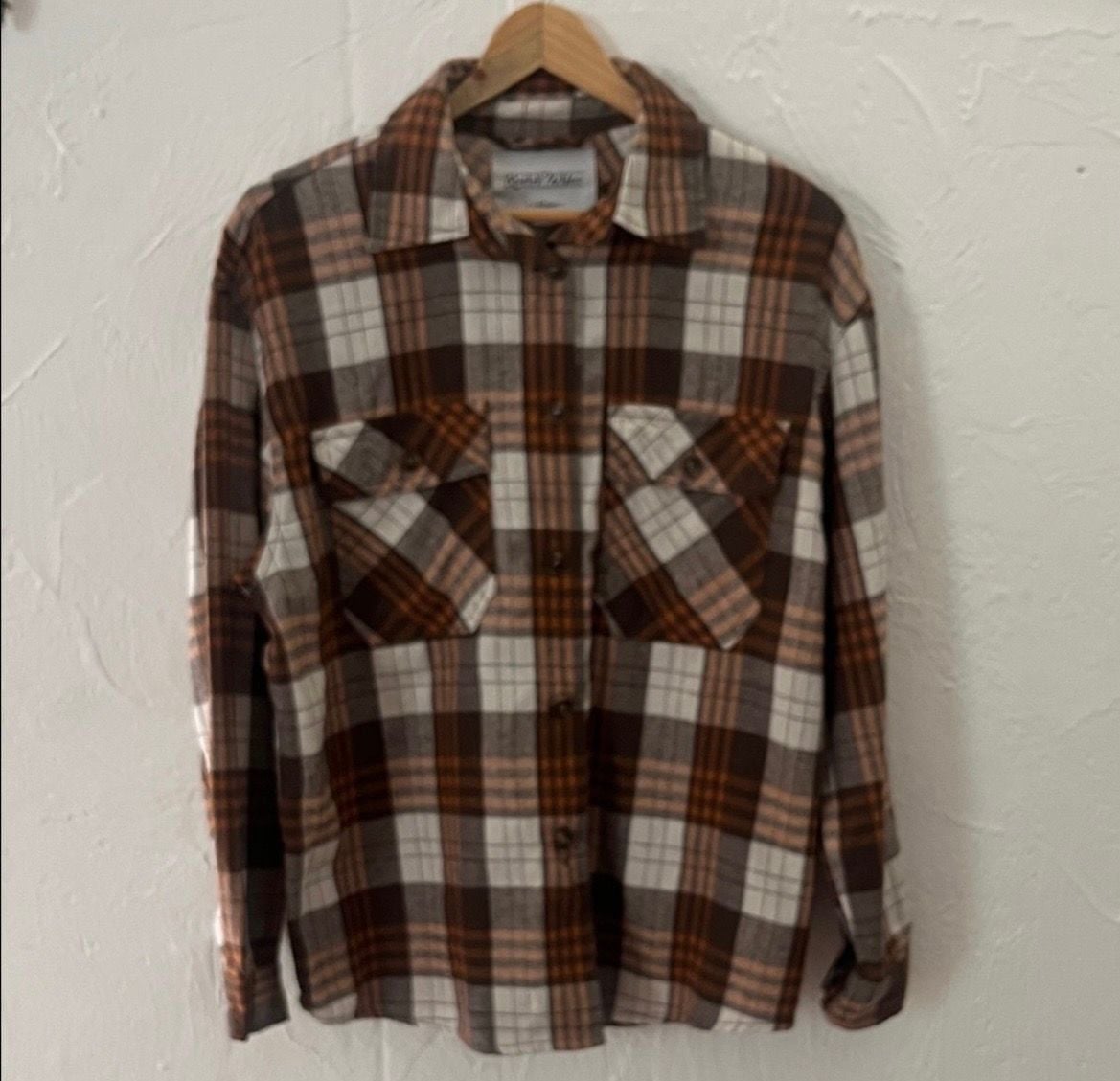 RSQ Brown White and Orange Plaid Long Sleeve Button-Down Flannel Shirt with Dual Chest Pockets 2