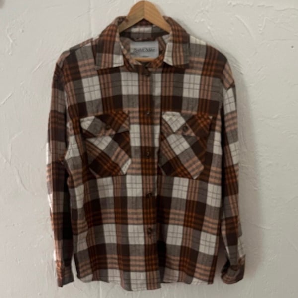 RSQ Brown White and Orange Plaid Long Sleeve Button-Down Flannel Shirt with Dual Chest Pockets