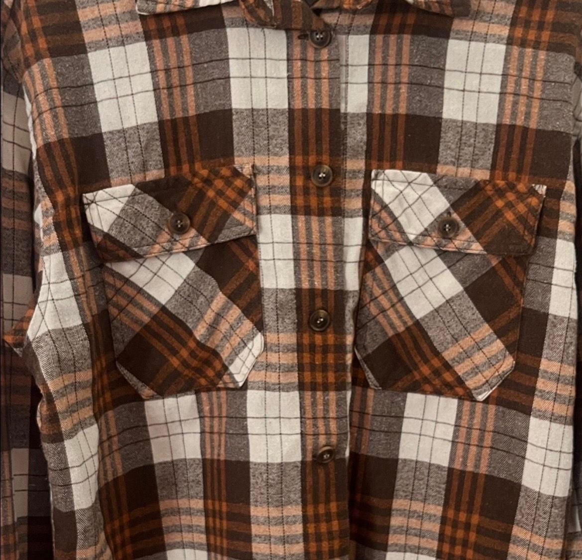 RSQ Brown White and Orange Plaid Long Sleeve Button-Down Flannel Shirt with Dual Chest Pockets 4