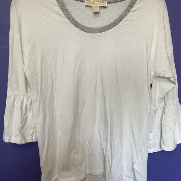 Michael Michael Kors White Long Sleeve Top With Silver Trim And Bell Sleeves