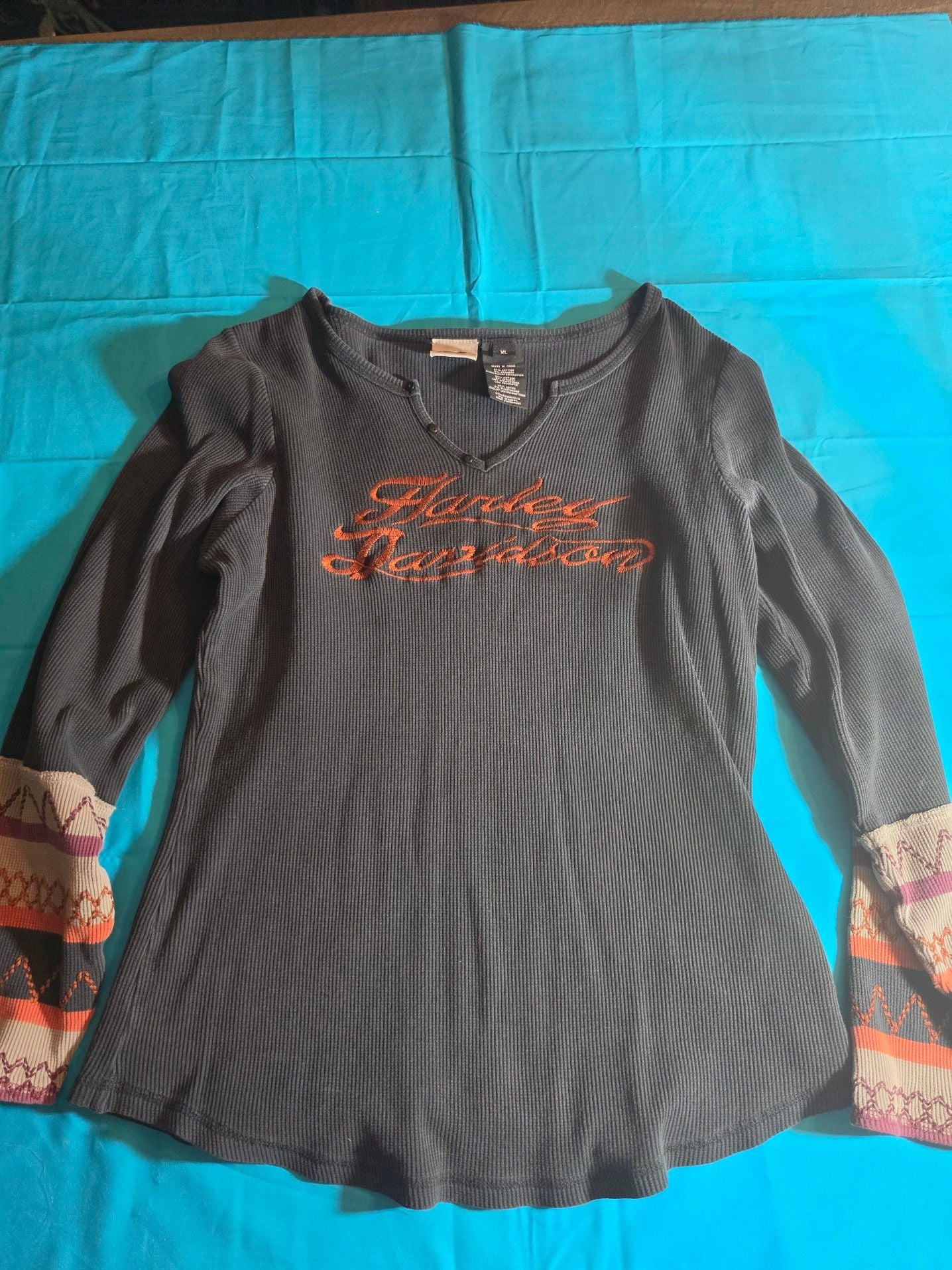 Harley-Davidson Women's Thermal Long Sleeve Henley Shirt Black Size XL 2