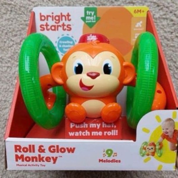 Bright Starts Roll & Glow Monkey Baby Toddler Toy w/ Lights & Melodies, NEW