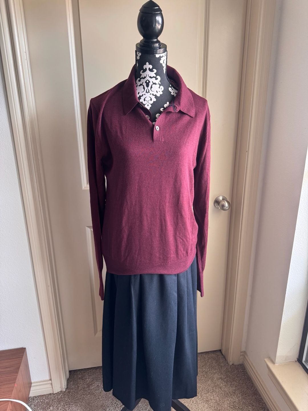 Jigsaw Women's Burgundy 100% Wool Long Sleeve Polo Sweater Size M 5