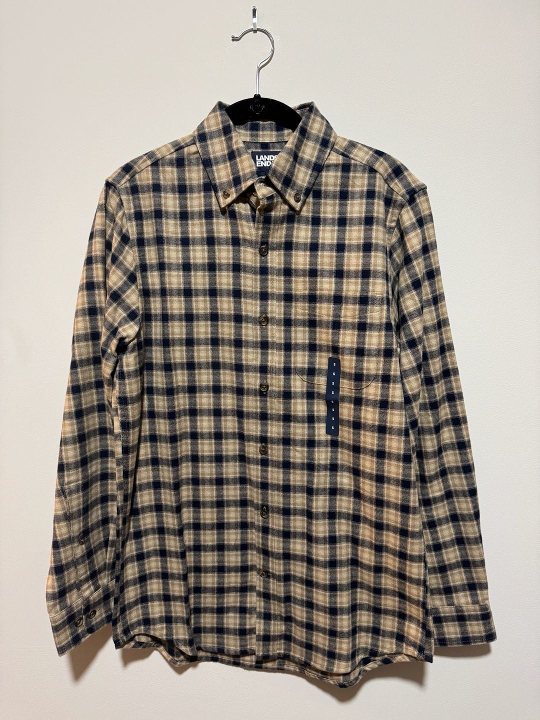 Lands’ End Men’s Flannel Shirt Small Navy Taupe Plaid 100% Cotton NWT 2