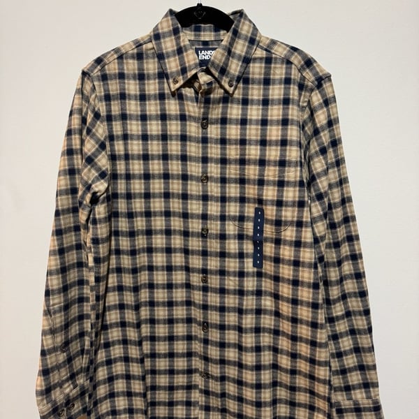 Lands’ End Men’s Flannel Shirt Small Navy Taupe Plaid 100% Cotton NWT