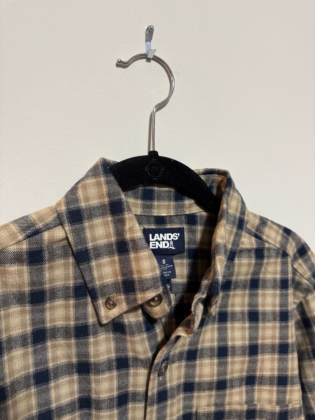 Lands’ End Men’s Flannel Shirt Small Navy Taupe Plaid 100% Cotton NWT 4