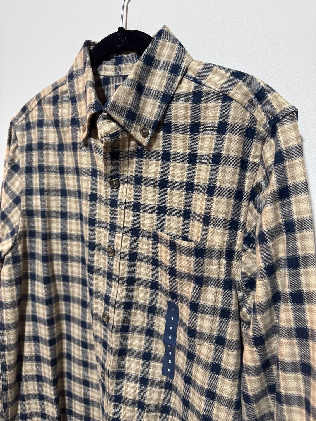 Lands’ End Men’s Flannel Shirt Small Navy Taupe Plaid 100% Cotton NWT 5