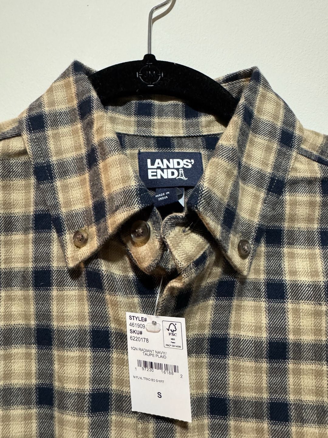Lands’ End Men’s Flannel Shirt Small Navy Taupe Plaid 100% Cotton NWT 6