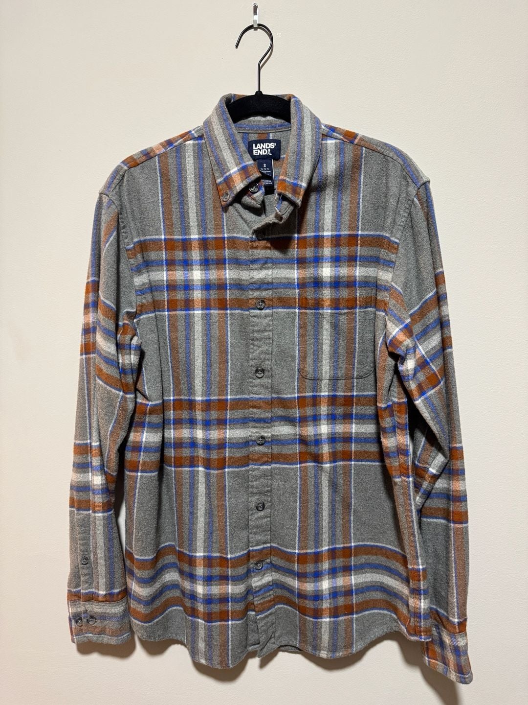Lands’ End Men’s Flannel Shirt Small Gray Brown Blue Plaid 100% Cotton 2