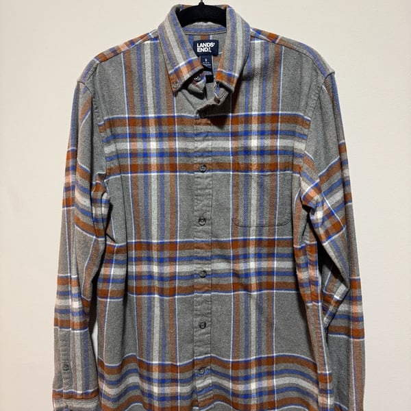 Lands’ End Men’s Flannel Shirt Small Gray Brown Blue Plaid 100% Cotton