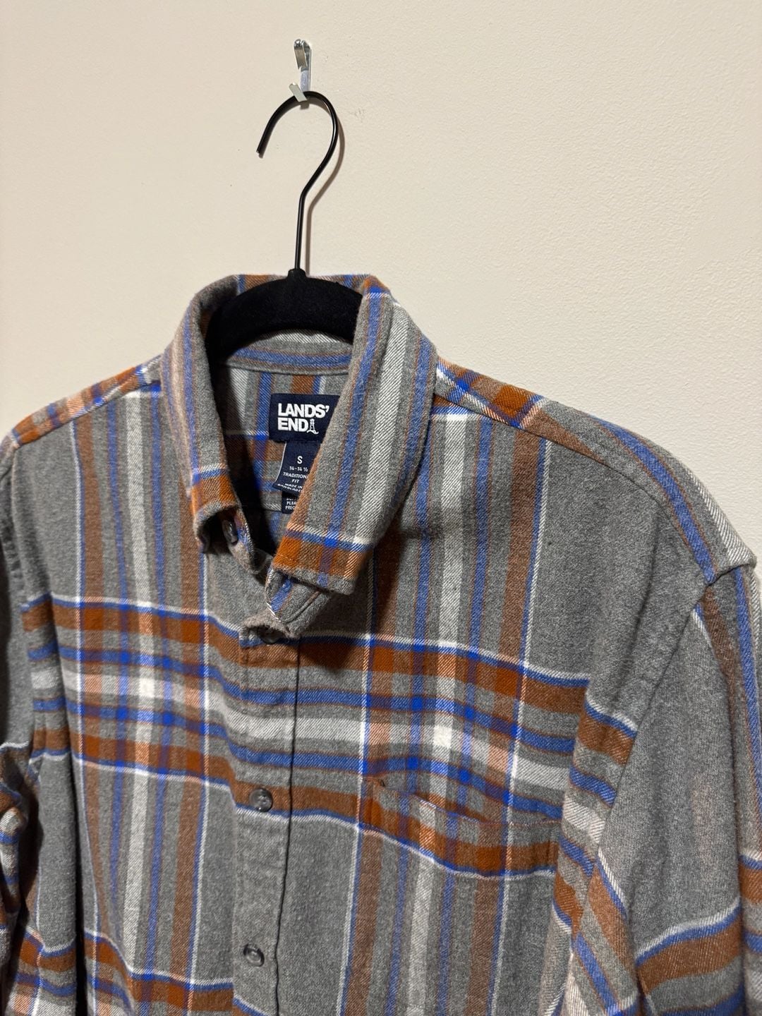 Lands’ End Men’s Flannel Shirt Small Gray Brown Blue Plaid 100% Cotton 5