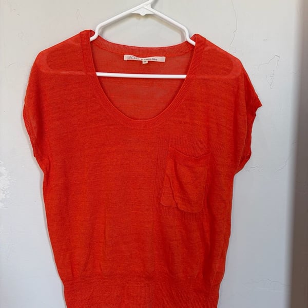 Rachel Rachel Roy Orange Linen Blend Knit Pocket Short Sleeve Sweater Top