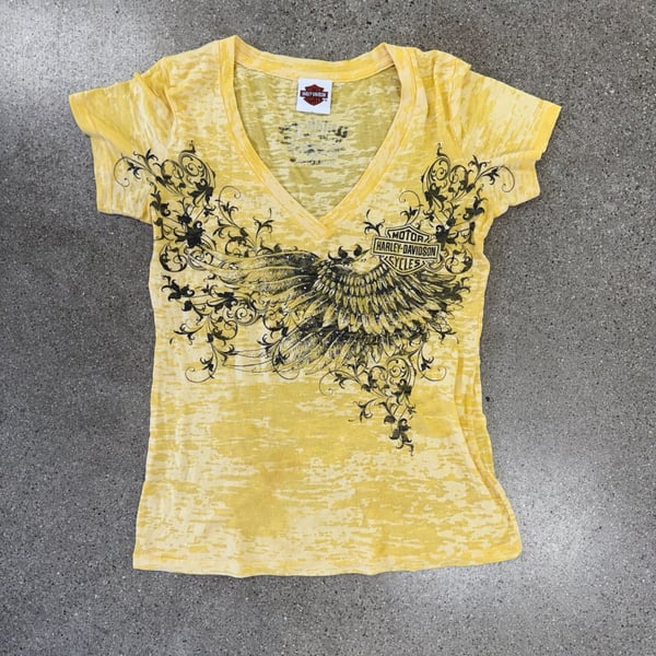 Harley-Davidson Women's Yellow V-Neck T-Shirt with Wings and Rhinestones