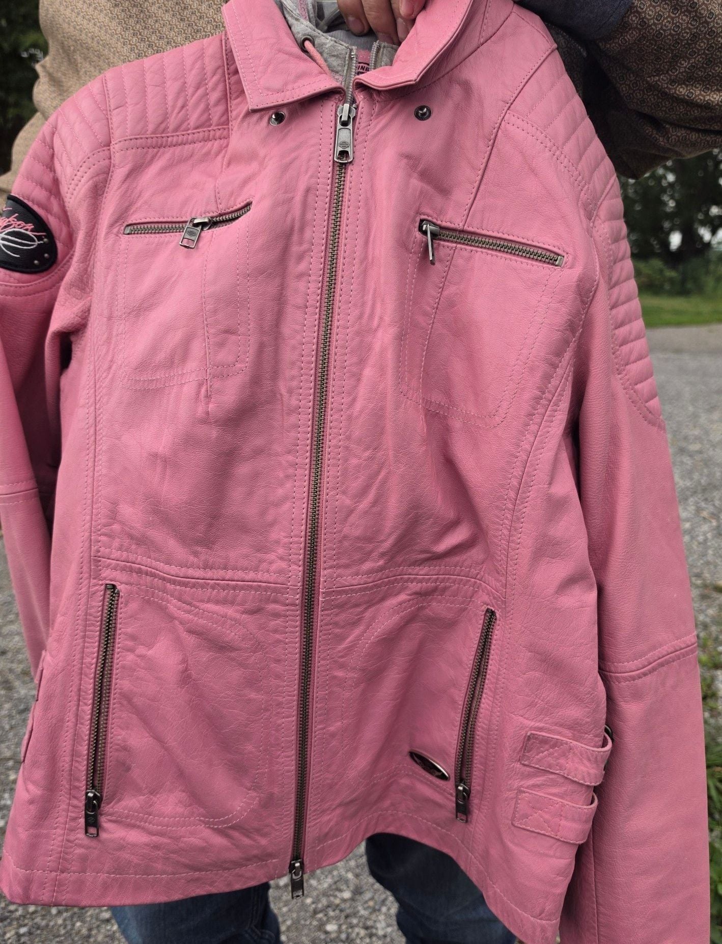 Harley-Davidson Pink Genuine Goatskin Leather Moto Biker Jacket with Hoodie 2