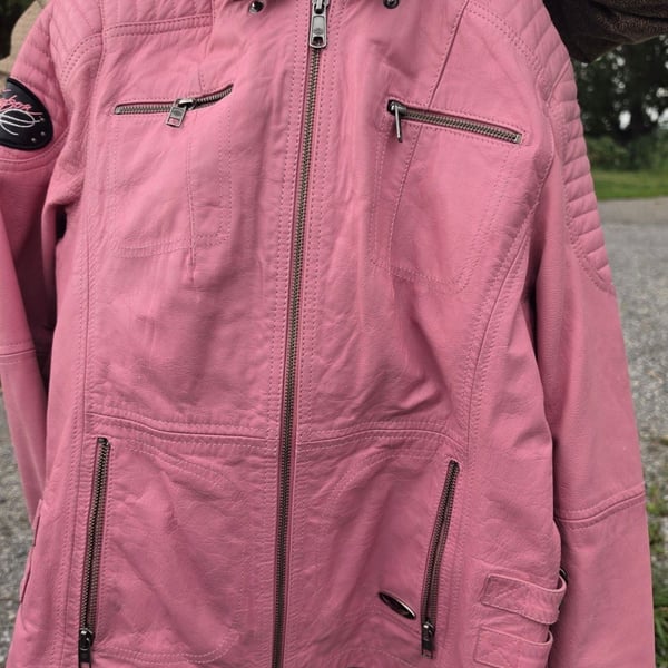 Harley-Davidson Pink Genuine Goatskin Leather Moto Biker Jacket with Hoodie