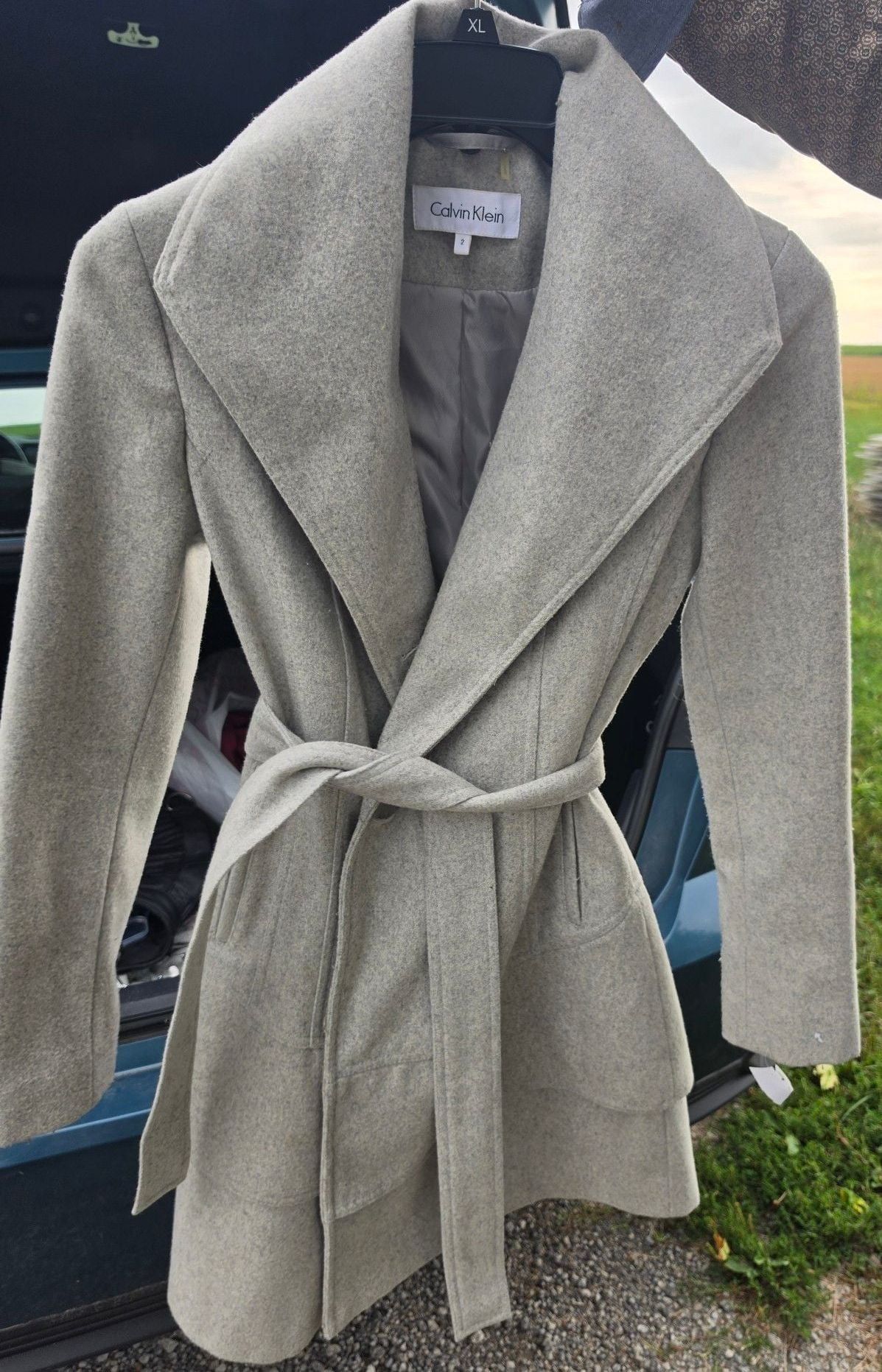 Calvin Klein Gray Wool Blend Belted Trench Coat Jacket Size 2 1