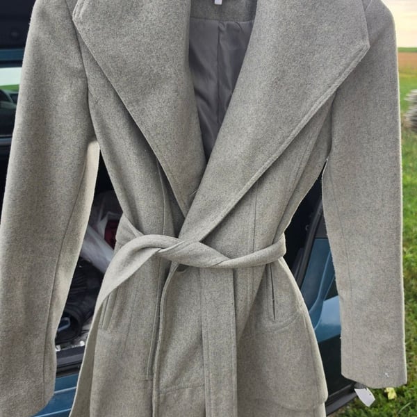 Calvin Klein Gray Wool Blend Belted Trench Coat Jacket Size 2