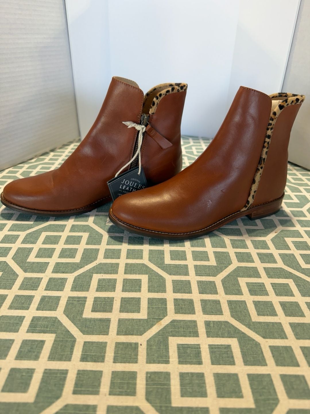 Joules V Westminster Dark Brown Leather Leopard Print Ankle Boots US 7 8