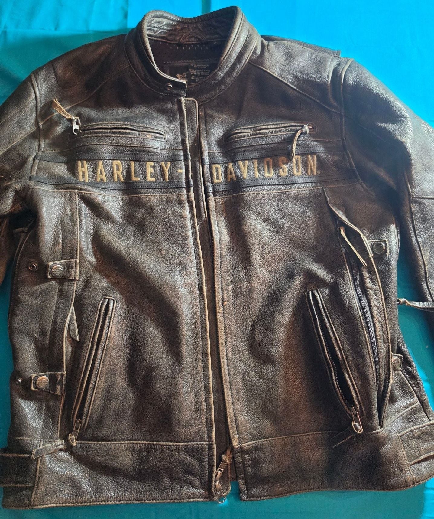 Harley-Davidson Vintage Distressed Brown Leather Motorcycle Jacket with Chest Logo 2