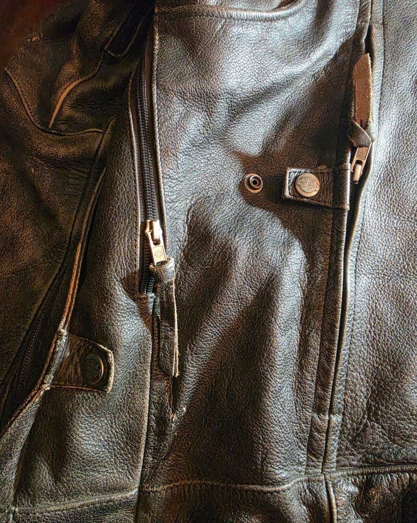 Harley-Davidson Vintage Distressed Brown Leather Motorcycle Jacket with Chest Logo 11