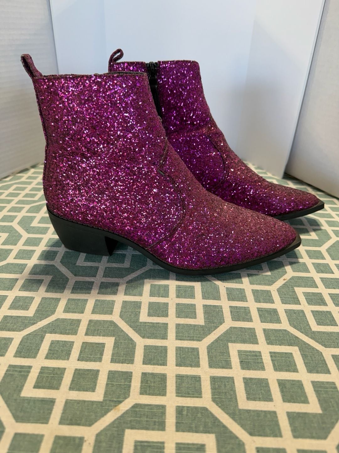 ASOS Hot Pink Glitter Ankle Boots Side Zip Pointed Toe Block Heel Size 7 7