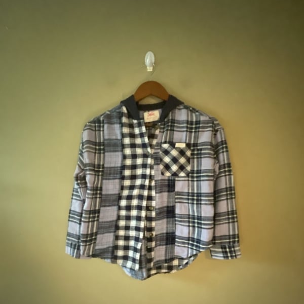 Justice Girls Purple Blue Plaid Mixed Print Hooded Flannel Button-Down Shirt Size M 10