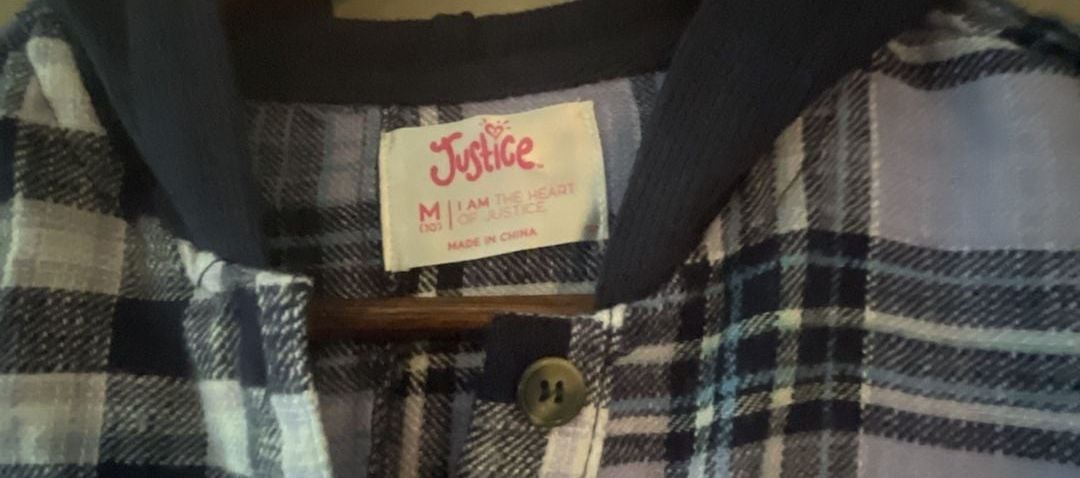 Justice Girls Purple Blue Plaid Mixed Print Hooded Flannel Button-Down Shirt Size M 10 4