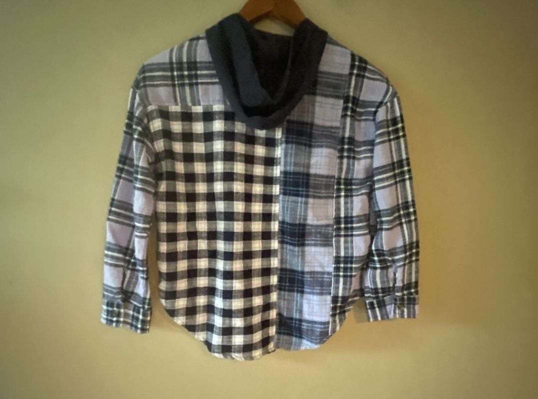 Justice Girls Purple Blue Plaid Mixed Print Hooded Flannel Button-Down Shirt Size M 10 3