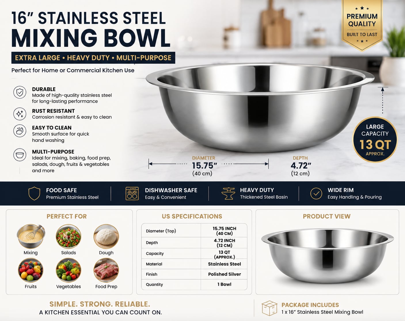 16 Inch Stainless Steel Mixing Bowl, 13 QT Extra Large Heavy Duty Multi-Purpose Kitchen Basin 1