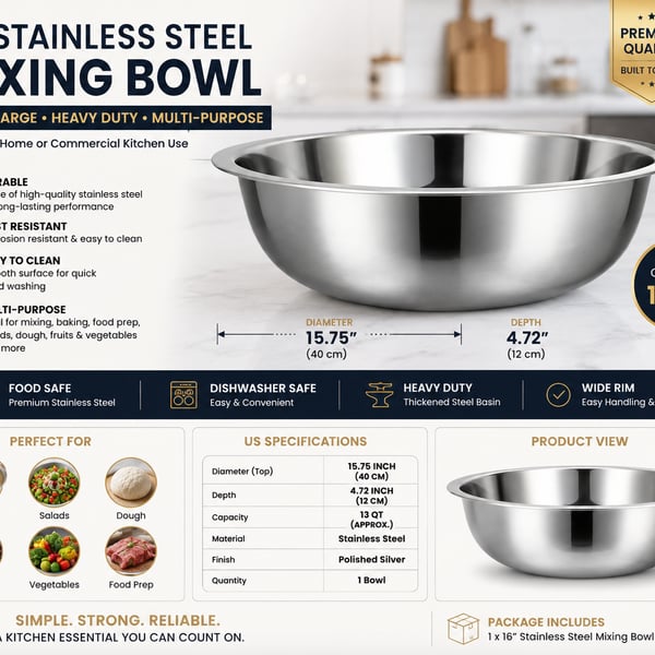 16 Inch Stainless Steel Mixing Bowl, 13 QT Extra Large Heavy Duty Multi-Purpose Kitchen Basin