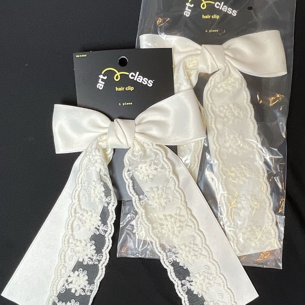 2 Art Class Satin and Lace Hair Bow Clip Ivory