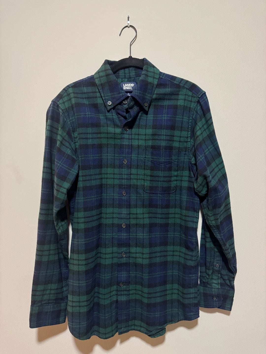 Lands’ End Men’s Small Green Navy Plaid Flannel Shirt Traditional Fit 2