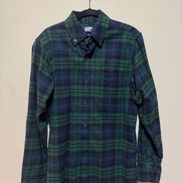 Lands’ End Men’s Small Green Navy Plaid Flannel Shirt Traditional Fit