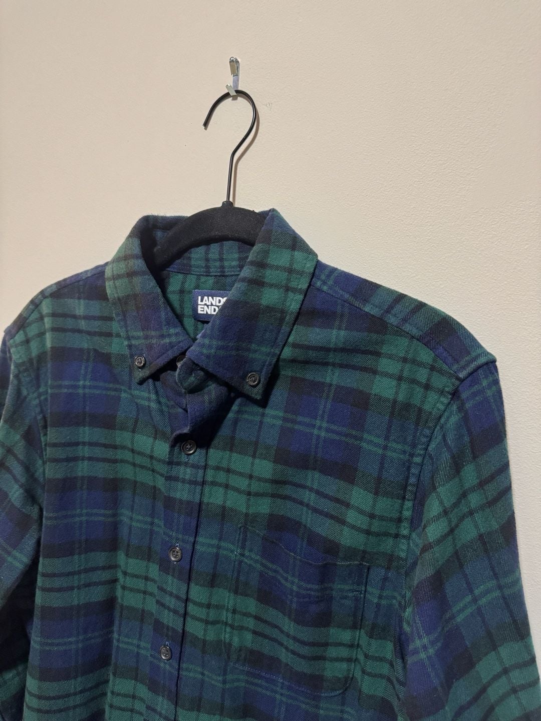 Lands’ End Men’s Small Green Navy Plaid Flannel Shirt Traditional Fit 4