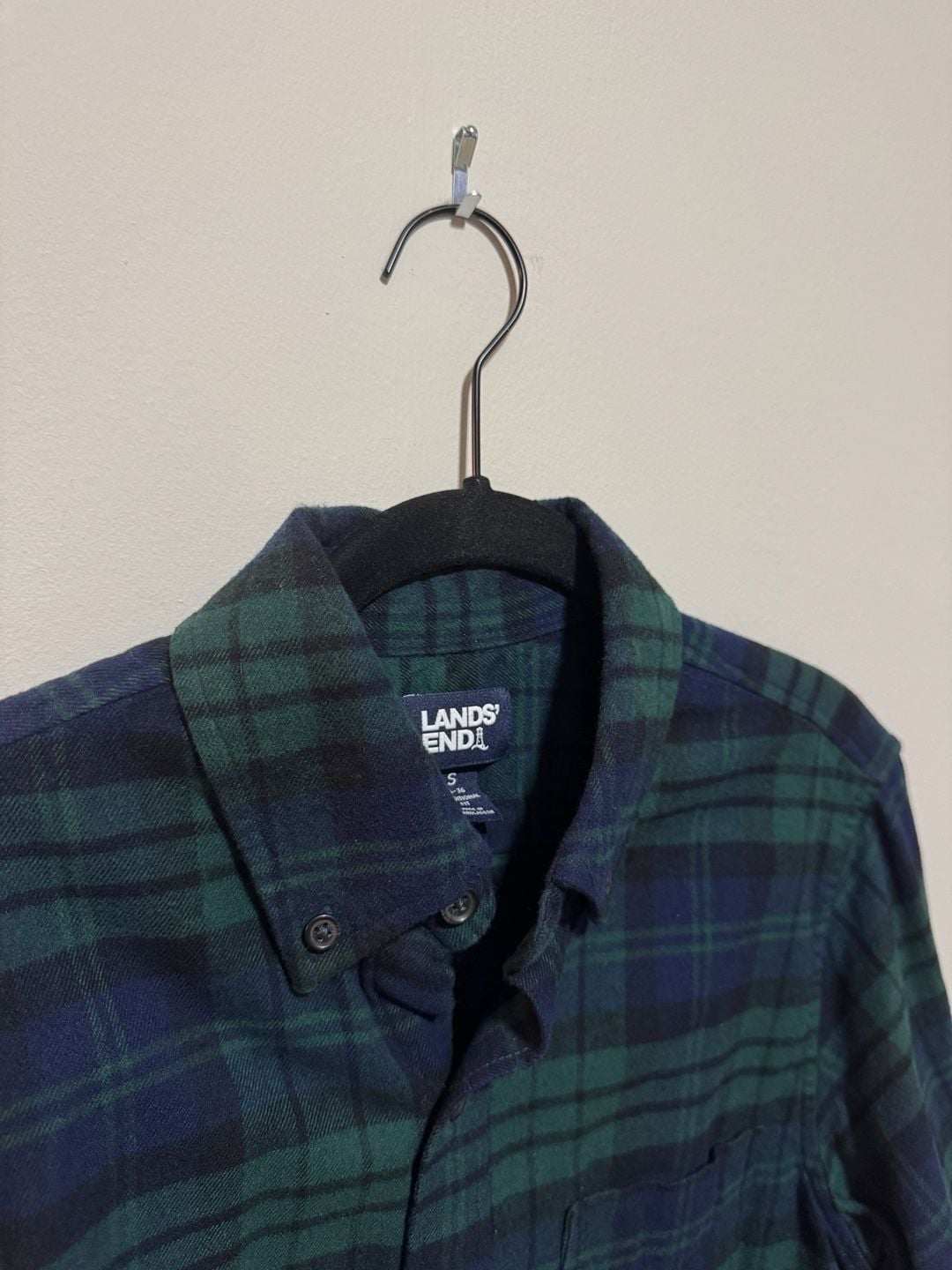 Lands’ End Men’s Small Green Navy Plaid Flannel Shirt Traditional Fit 5