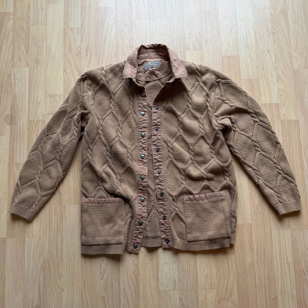 Vintage Blue Willi's Natural Garment Cable Knit Button Up Cardigan Sweater Jacket Tan Medium